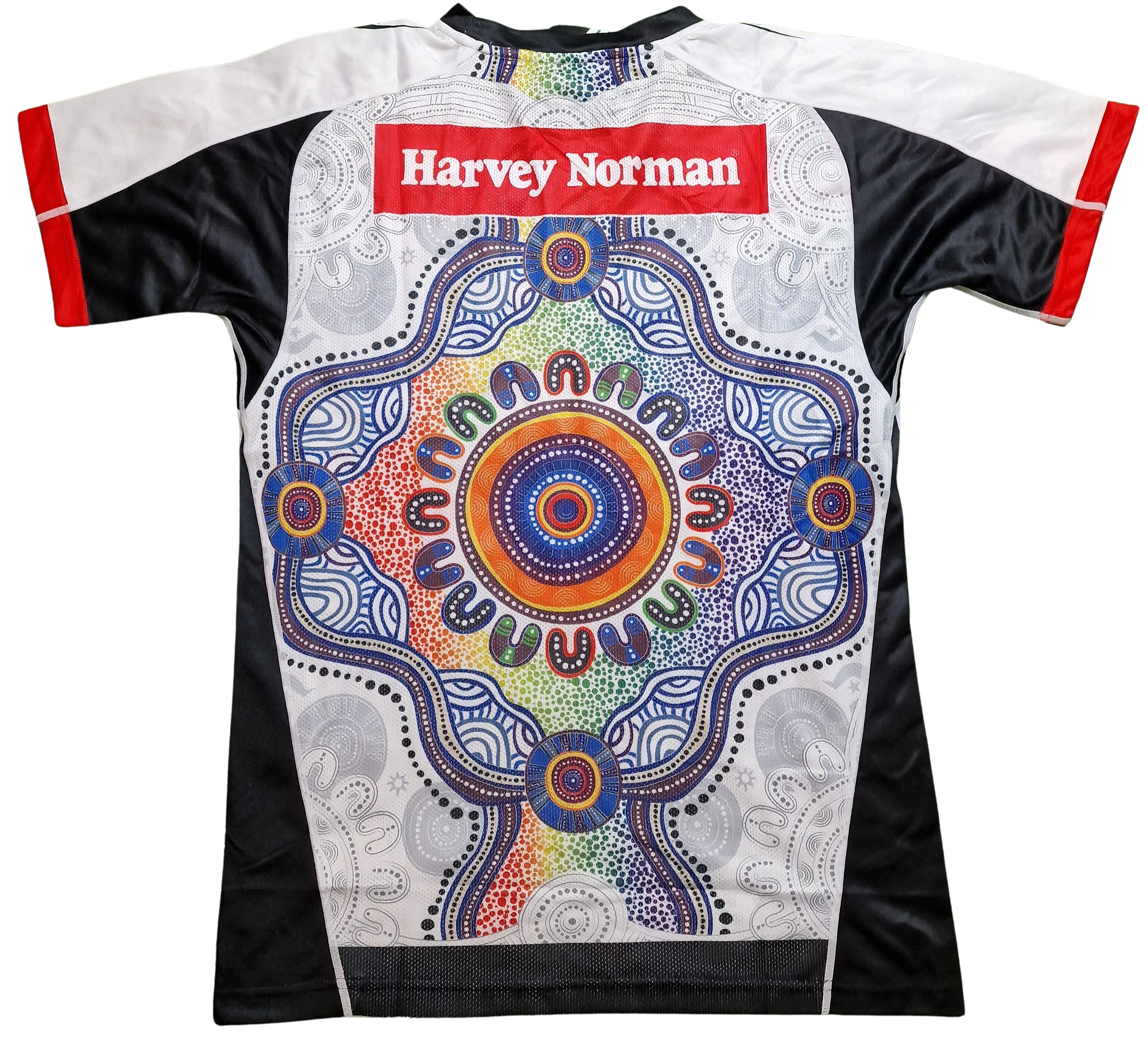 Back view of the Indigenous All Stars 2023 NRL Jersey showcasing the unique Indigenous design and sponsor details.