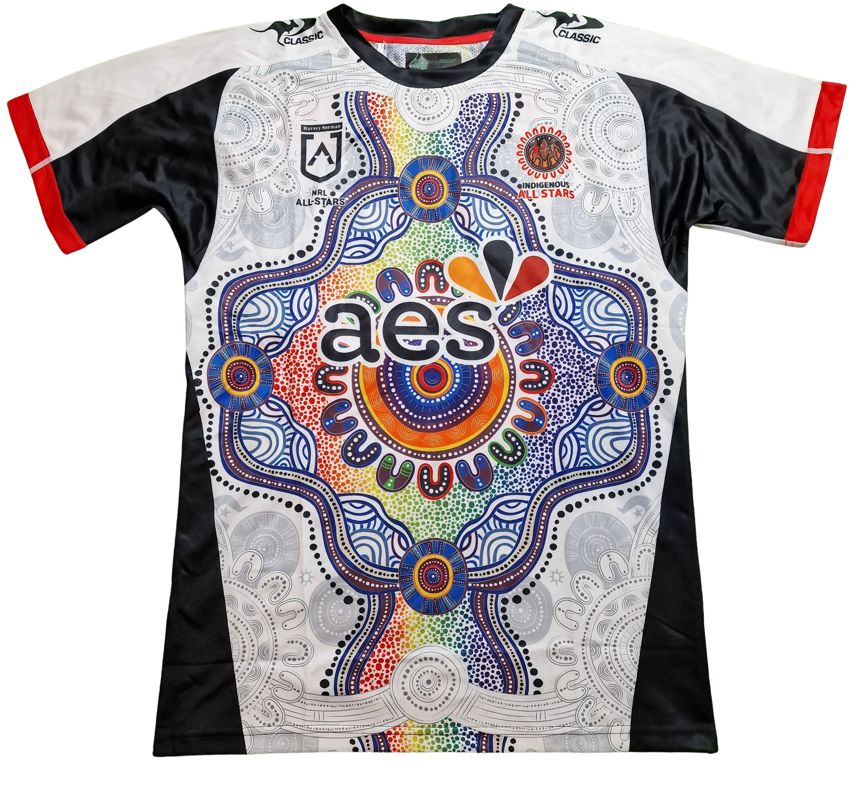 Front view of the Indigenous All Stars 2023 NRL Jersey featuring intricate Indigenous artwork, team crest, and sponsor details.