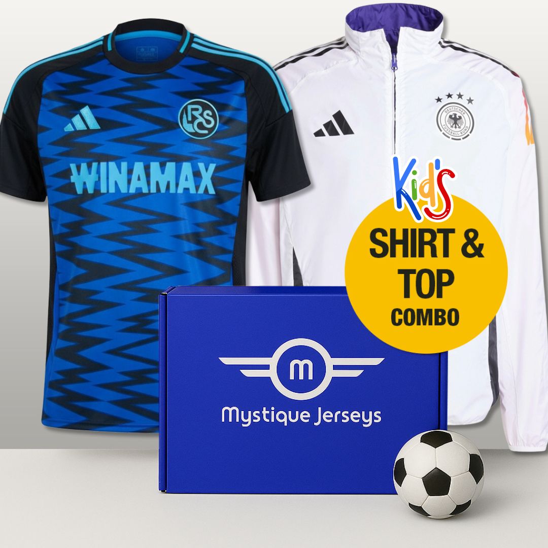 Kids mystery football shirt & top combo box with authentic kit
